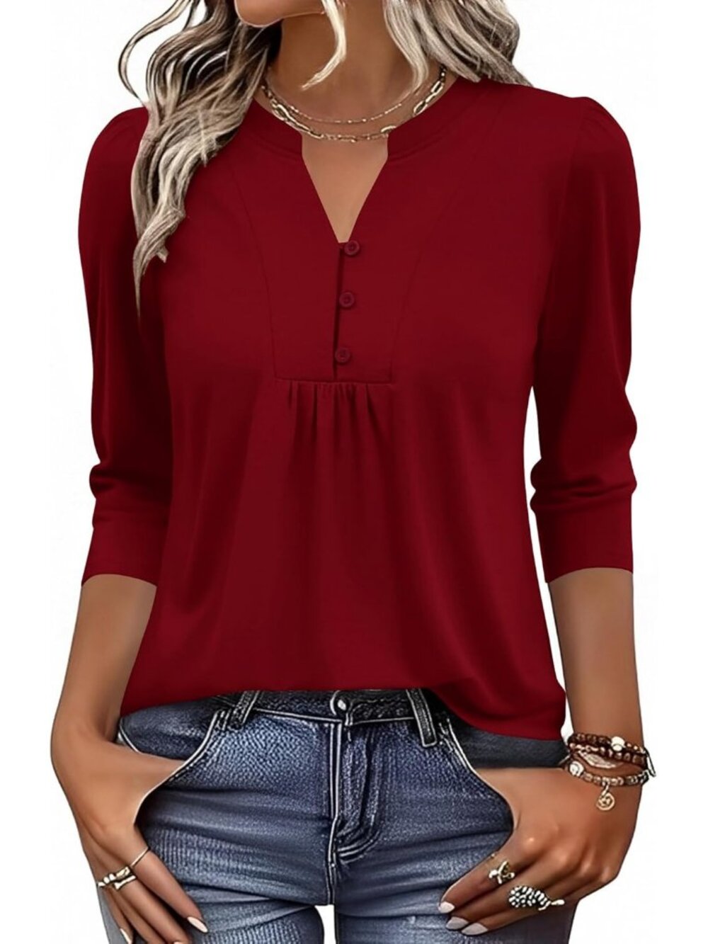 Women's Red Long Sleeve Casual Henley V-Neck Floral T-Shirt Loose Fit - Picture 3 of 5
